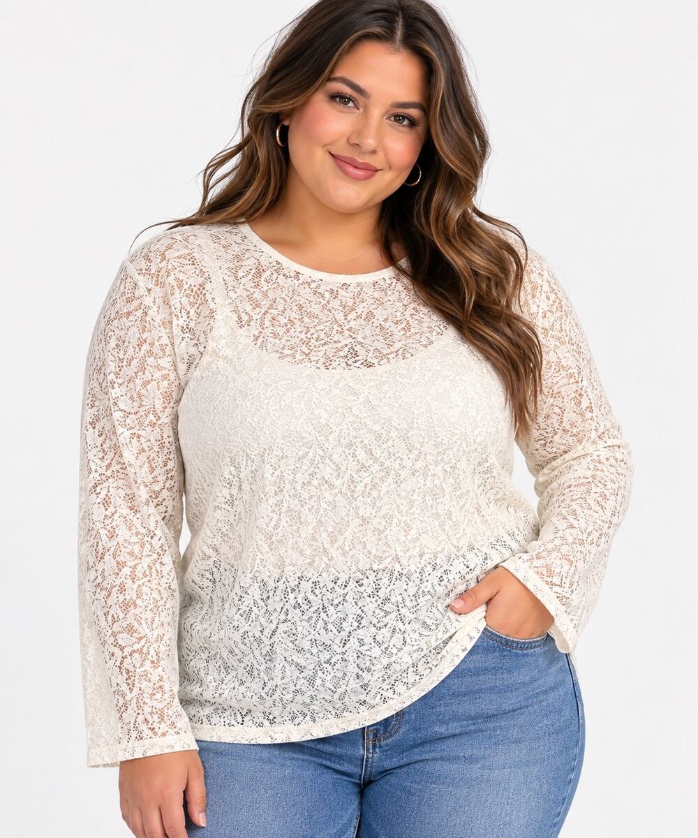 The PIVT Edit Women’s 3X Ivory Lace Long Sleeve Sheer Plus Size Top NWT